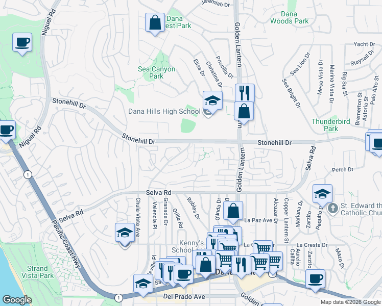 map of restaurants, bars, coffee shops, grocery stores, and more near 24541 Alta Vista Drive in Dana Point