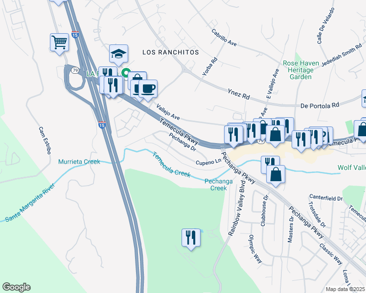 map of restaurants, bars, coffee shops, grocery stores, and more near 30277 Pechanga Drive in Temecula