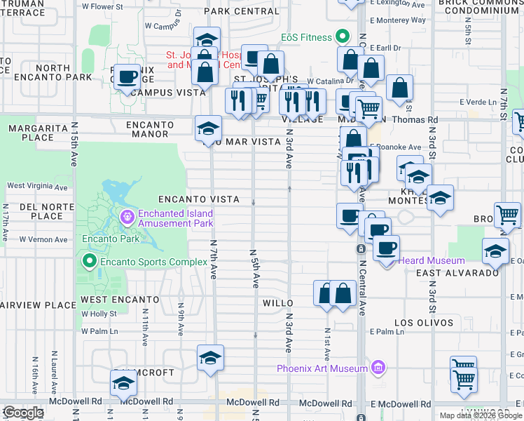 map of restaurants, bars, coffee shops, grocery stores, and more near 337 West Wilshire Drive in Phoenix