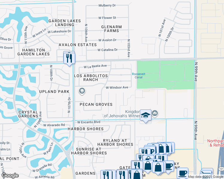 map of restaurants, bars, coffee shops, grocery stores, and more near 10413 West Windsor Avenue in Avondale