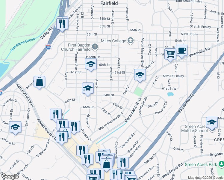 map of restaurants, bars, coffee shops, grocery stores, and more near 6310 Avenue East in Fairfield