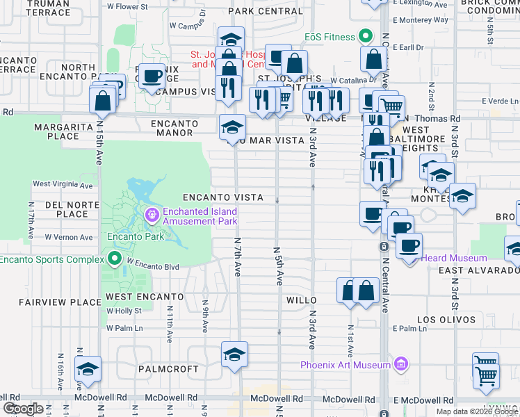 map of restaurants, bars, coffee shops, grocery stores, and more near 517 West Wilshire Drive in Phoenix