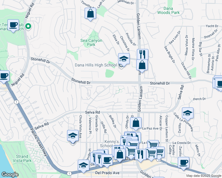 map of restaurants, bars, coffee shops, grocery stores, and more near 24541 Alta Vista Drive in Dana Point
