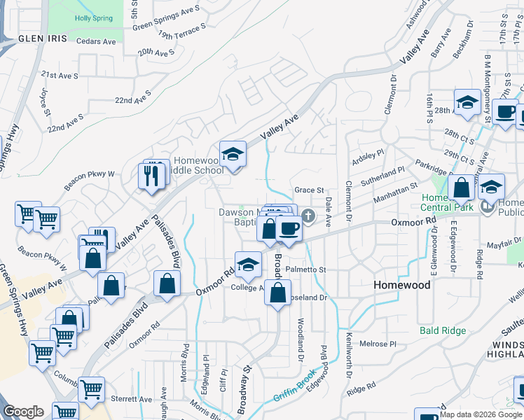 map of restaurants, bars, coffee shops, grocery stores, and more near 308 Saint Charles Street in Homewood