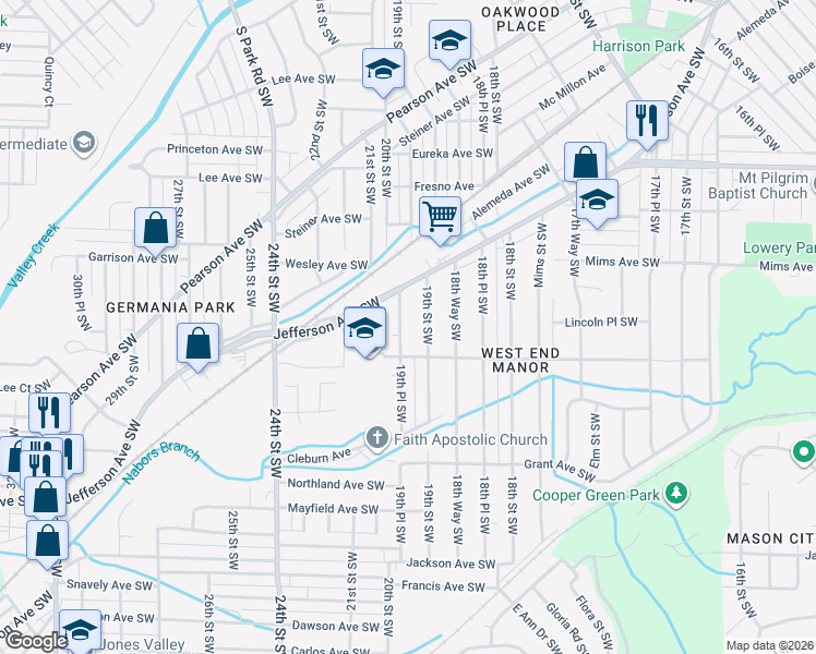 map of restaurants, bars, coffee shops, grocery stores, and more near 1304 19th Place Southwest in Birmingham