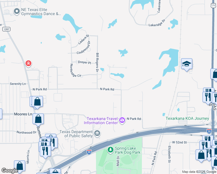 map of restaurants, bars, coffee shops, grocery stores, and more near 6406 North Park Road in Texarkana