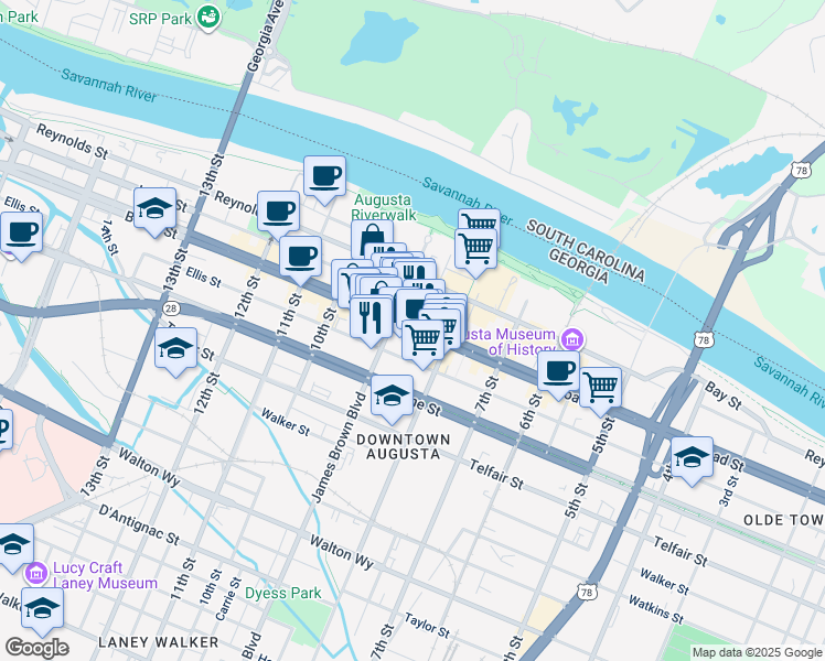 map of restaurants, bars, coffee shops, grocery stores, and more near 864 Broad Street in Augusta