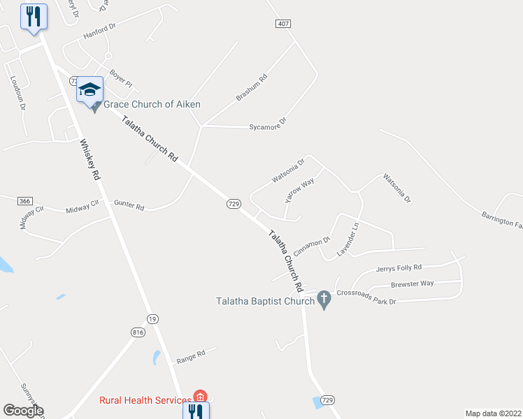 map of restaurants, bars, coffee shops, grocery stores, and more near 1303 Watsonia Drive in Aiken