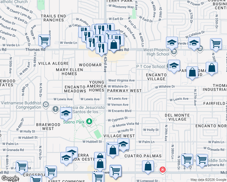 map of restaurants, bars, coffee shops, grocery stores, and more near 4224 West Sheridan Street in Phoenix