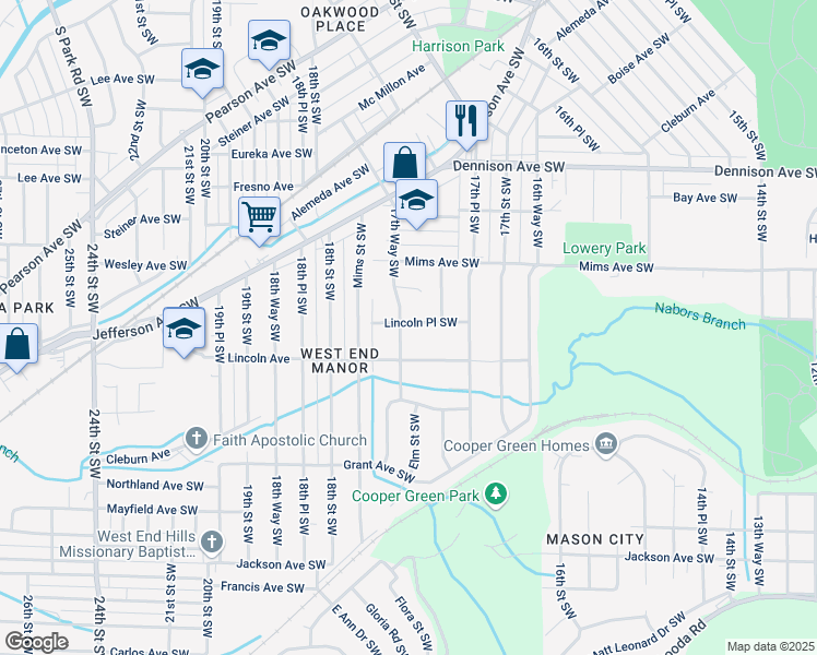 map of restaurants, bars, coffee shops, grocery stores, and more near 1755 Lincoln Place Southwest in Birmingham