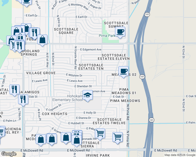 map of restaurants, bars, coffee shops, grocery stores, and more near 2506 North 85th Place in Scottsdale