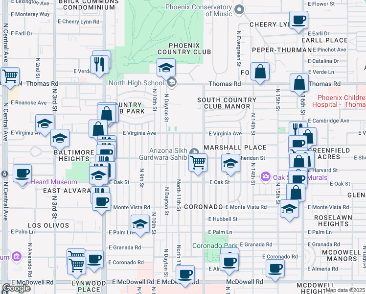 map of restaurants, bars, coffee shops, grocery stores, and more near 2518 North Mitchell Street in Phoenix