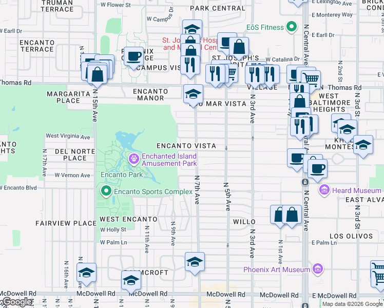 map of restaurants, bars, coffee shops, grocery stores, and more near 701 West Wilshire Drive in Phoenix