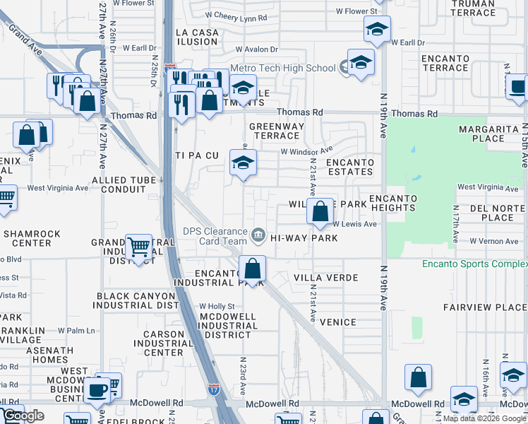map of restaurants, bars, coffee shops, grocery stores, and more near 2528 North 22nd Avenue in Phoenix