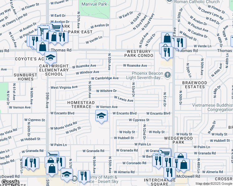 map of restaurants, bars, coffee shops, grocery stores, and more near 5445 West Wilshire Drive in Phoenix