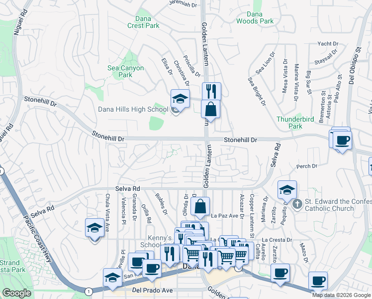 map of restaurants, bars, coffee shops, grocery stores, and more near 33558 Sea Gull Court in Dana Point