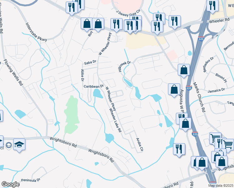map of restaurants, bars, coffee shops, grocery stores, and more near 6115 Major Circle in Augusta
