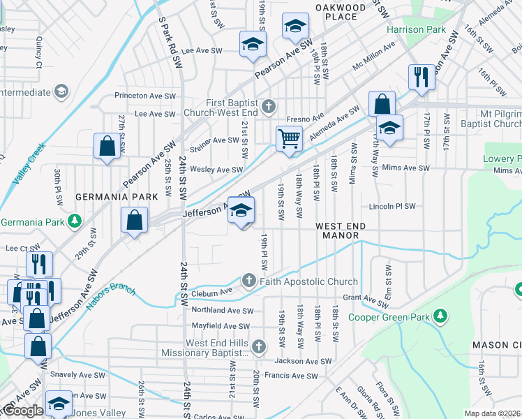 map of restaurants, bars, coffee shops, grocery stores, and more near 1304 19th Place Southwest in Birmingham
