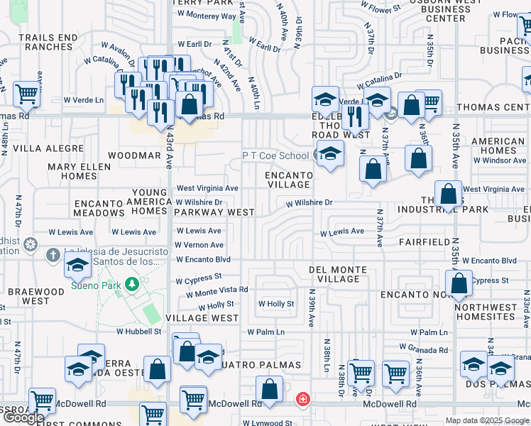 map of restaurants, bars, coffee shops, grocery stores, and more near 2524 North 40th Avenue in Phoenix