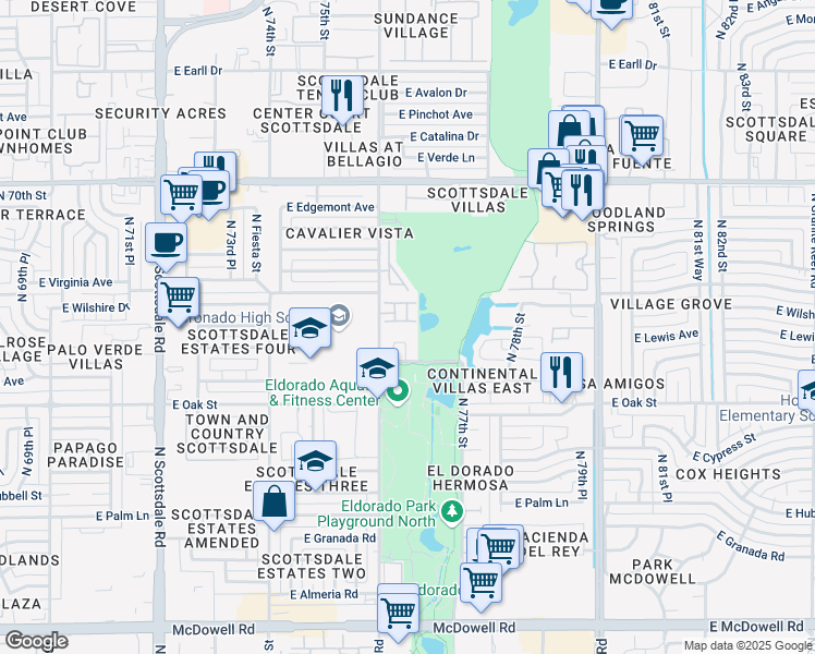 map of restaurants, bars, coffee shops, grocery stores, and more near 2521 North Miller Road in Scottsdale