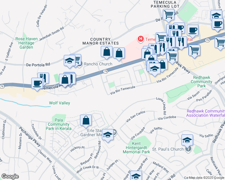 map of restaurants, bars, coffee shops, grocery stores, and more near 44690 Corte Veranos in Temecula