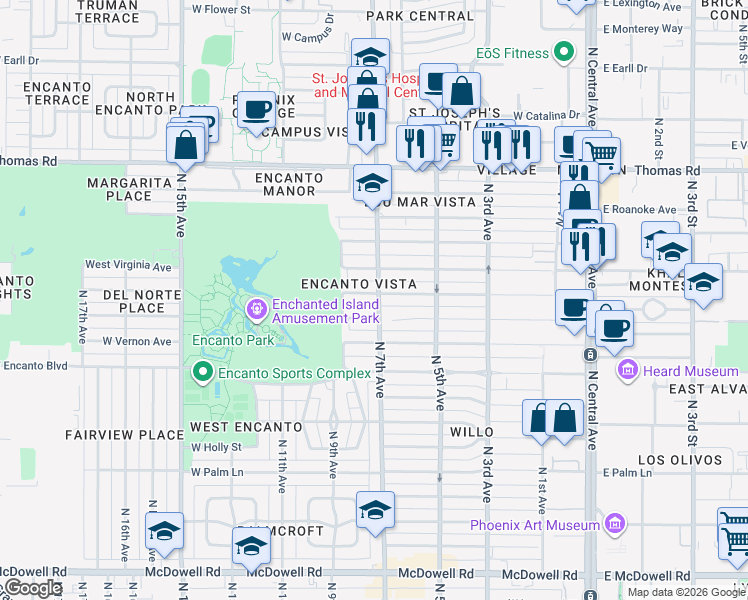 map of restaurants, bars, coffee shops, grocery stores, and more near 701 West Wilshire Drive in Phoenix