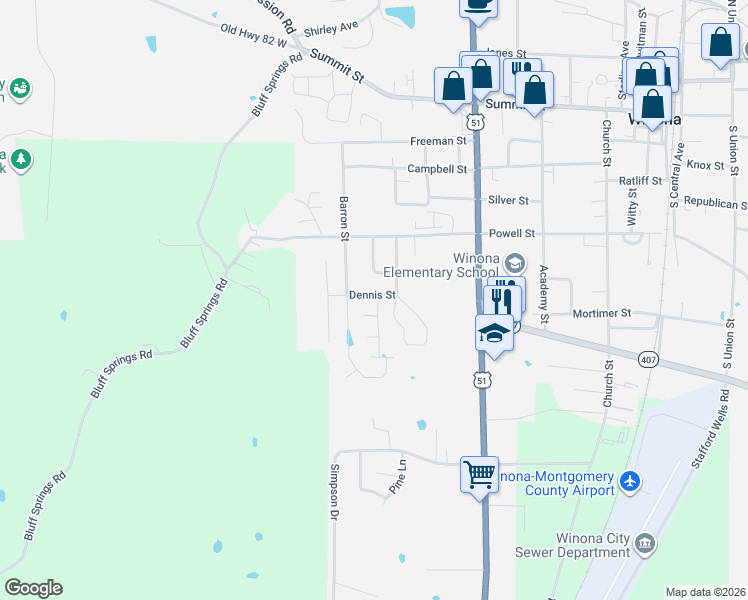 map of restaurants, bars, coffee shops, grocery stores, and more near 711 Dennis Street in Winona