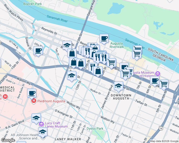map of restaurants, bars, coffee shops, grocery stores, and more near 1142 Greene Street in Augusta