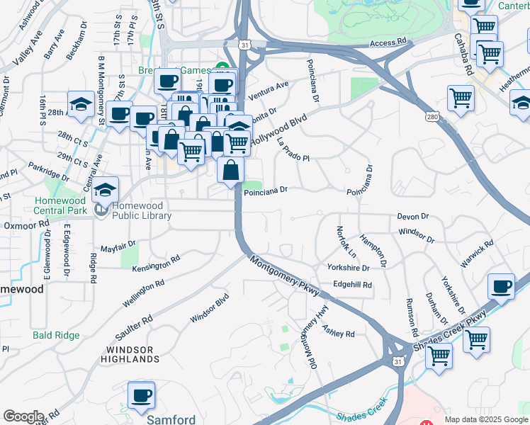 map of restaurants, bars, coffee shops, grocery stores, and more near 2036 Lancaster Road in Homewood