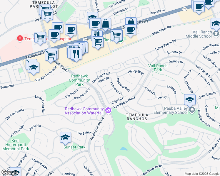 map of restaurants, bars, coffee shops, grocery stores, and more near 32480 Akes Pass in Temecula