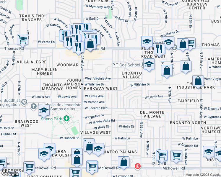 map of restaurants, bars, coffee shops, grocery stores, and more near 4102 West Sheridan Street in Phoenix