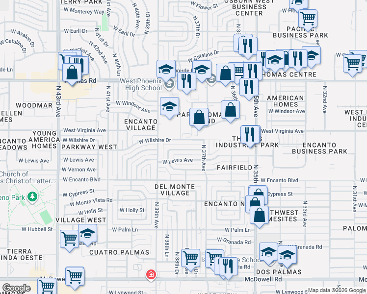 map of restaurants, bars, coffee shops, grocery stores, and more near 3724 West Sheridan Street in Phoenix