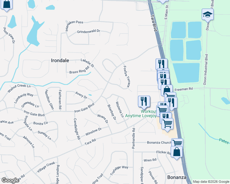 map of restaurants, bars, coffee shops, grocery stores, and more near 10248 Briarbay Loop in Jonesboro