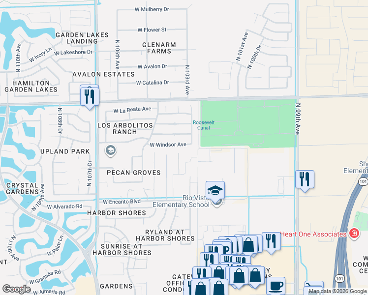 map of restaurants, bars, coffee shops, grocery stores, and more near 10317 West Windsor Avenue in Avondale