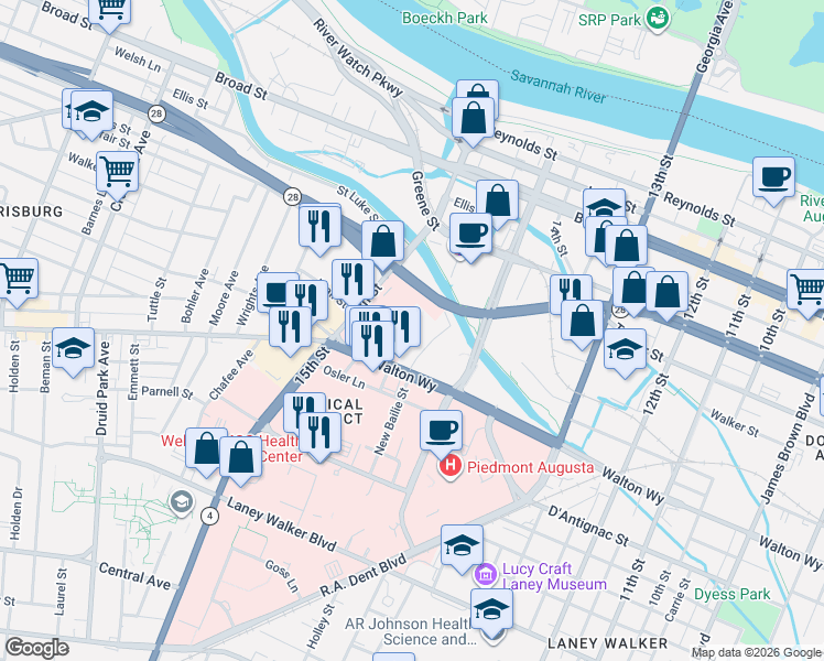 map of restaurants, bars, coffee shops, grocery stores, and more near 1455 Walton Way in Augusta