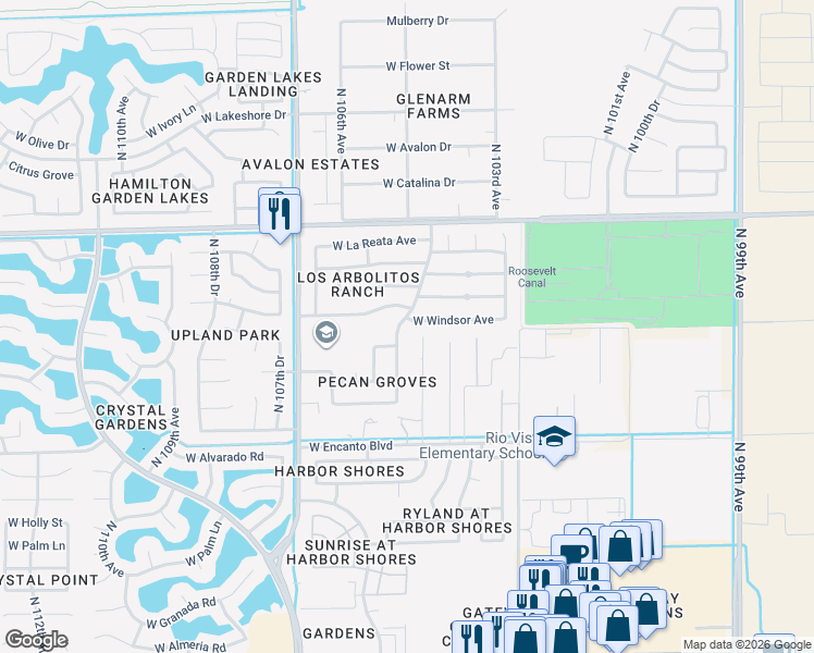 map of restaurants, bars, coffee shops, grocery stores, and more near 10441 West Windsor Avenue in Avondale