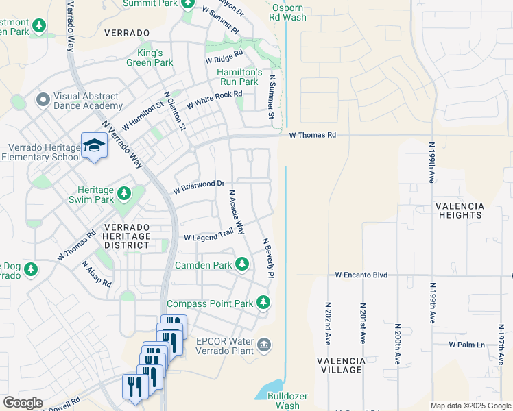 map of restaurants, bars, coffee shops, grocery stores, and more near 2553 North Beverly Place in Buckeye
