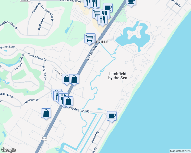 map of restaurants, bars, coffee shops, grocery stores, and more near 1 County Road S-22-409 in Pawleys Island