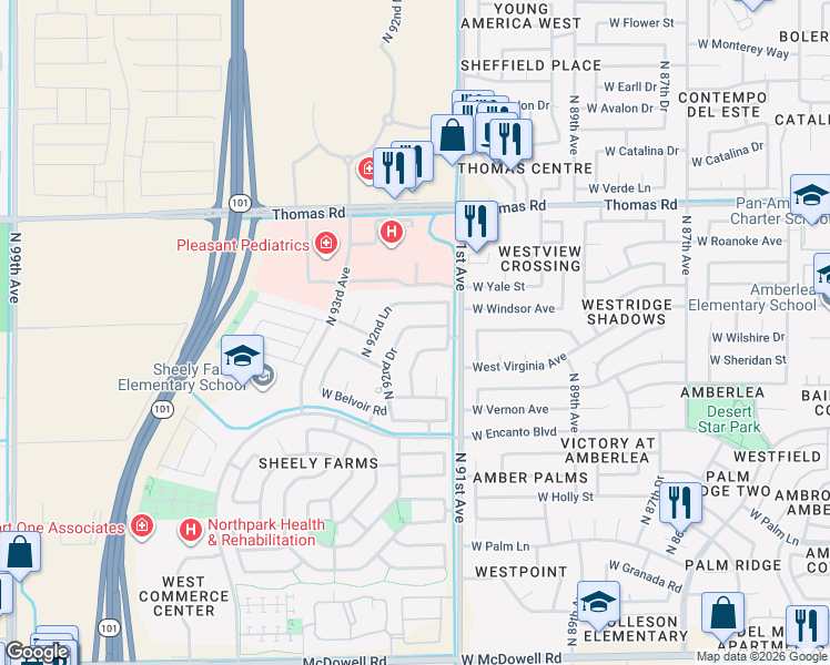 map of restaurants, bars, coffee shops, grocery stores, and more near 9133 West Virginia Avenue in Phoenix