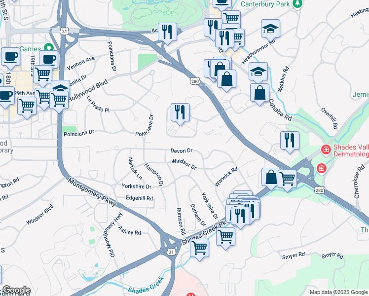 map of restaurants, bars, coffee shops, grocery stores, and more near 418 Devon Drive in Birmingham