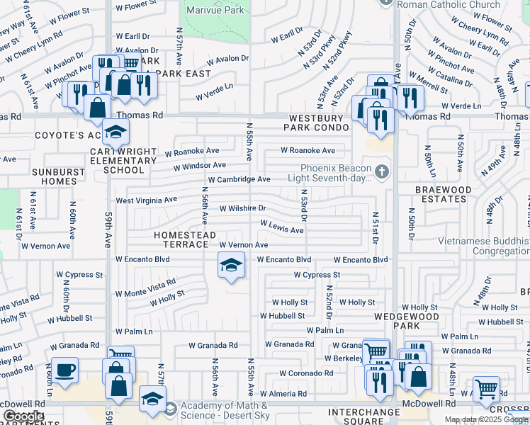 map of restaurants, bars, coffee shops, grocery stores, and more near 5445 West Wilshire Drive in Phoenix