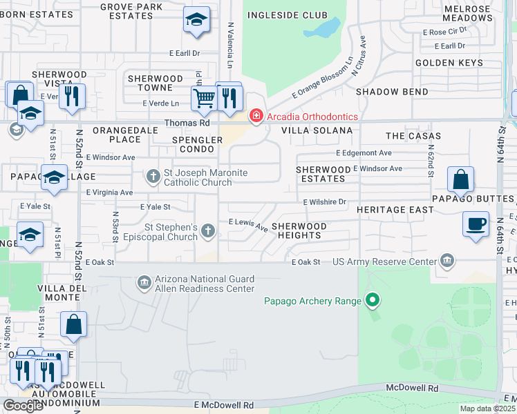 map of restaurants, bars, coffee shops, grocery stores, and more near 5653 East Wilshire Drive in Scottsdale