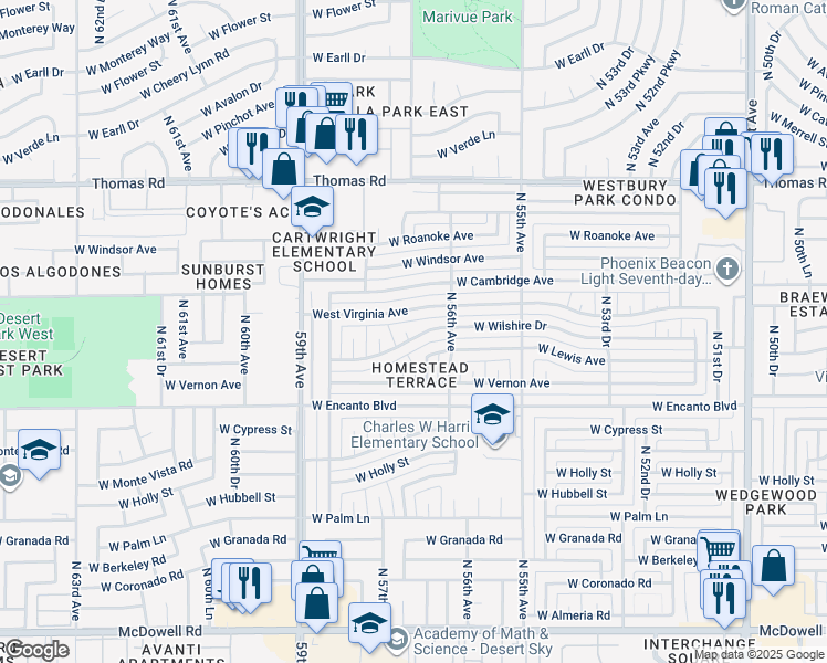 map of restaurants, bars, coffee shops, grocery stores, and more near 5630 West Wilshire Drive in Phoenix