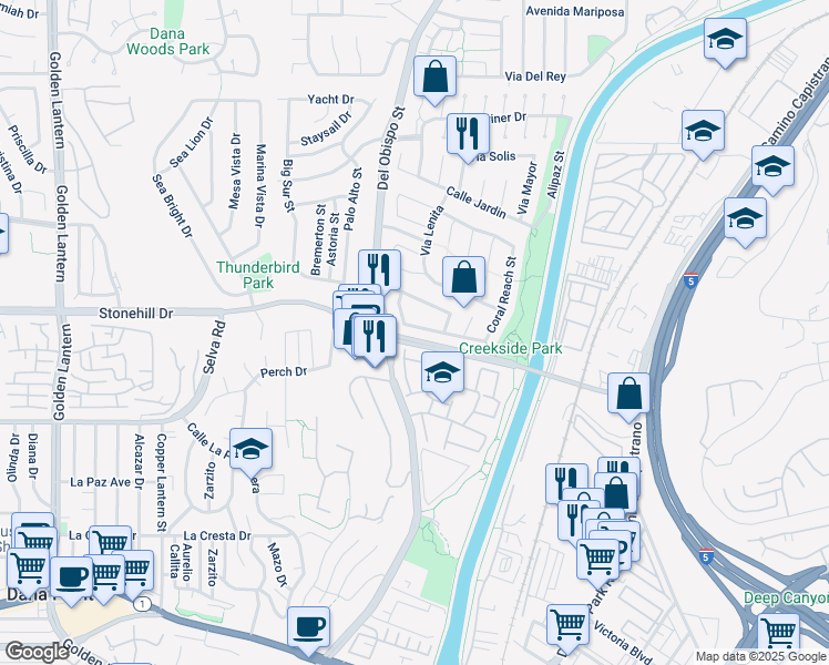 map of restaurants, bars, coffee shops, grocery stores, and more near 25572 Eastwind Drive in Dana Point