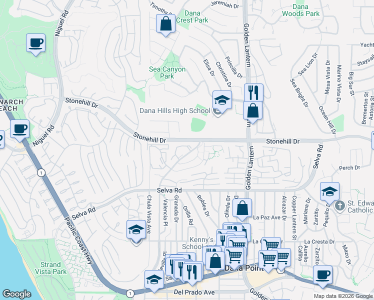 map of restaurants, bars, coffee shops, grocery stores, and more near 24482 Lantern Hill Drive in Dana Point