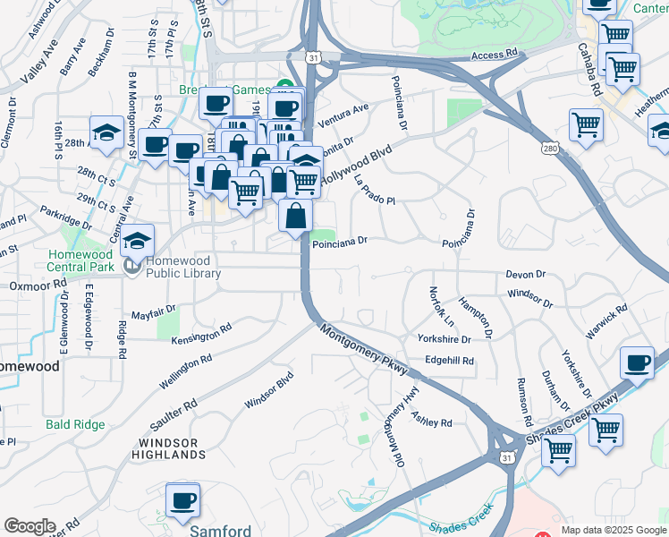 map of restaurants, bars, coffee shops, grocery stores, and more near 2032 Lancaster Road in Homewood