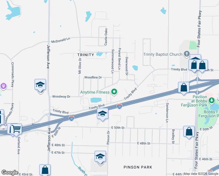 map of restaurants, bars, coffee shops, grocery stores, and more near 2006 Woodway Drive in Texarkana