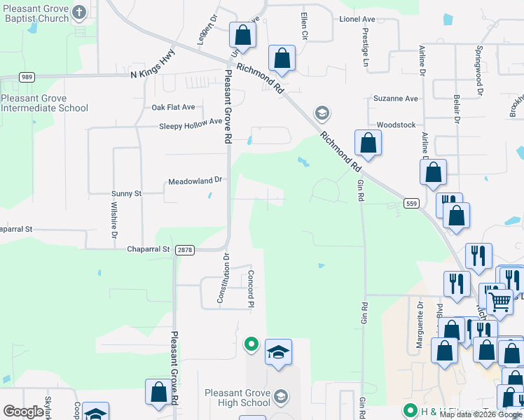 map of restaurants, bars, coffee shops, grocery stores, and more near Ethel Street in Texarkana