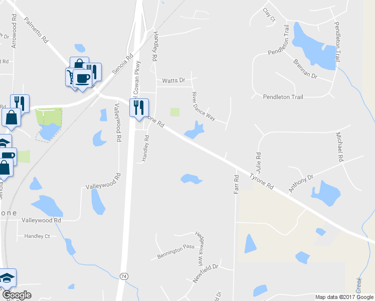 map of restaurants, bars, coffee shops, grocery stores, and more near 944 Tyrone Road in Tyrone