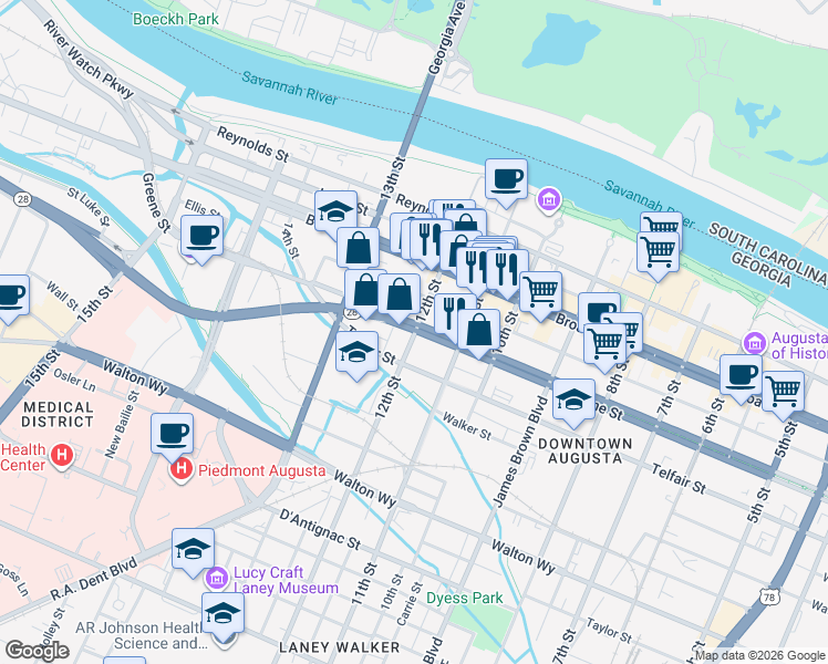 map of restaurants, bars, coffee shops, grocery stores, and more near 1142 Greene Street in Augusta
